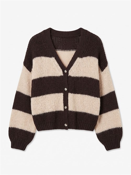 VM Maybe V-hals Strik Cardigan med Striber, Brun, Creme